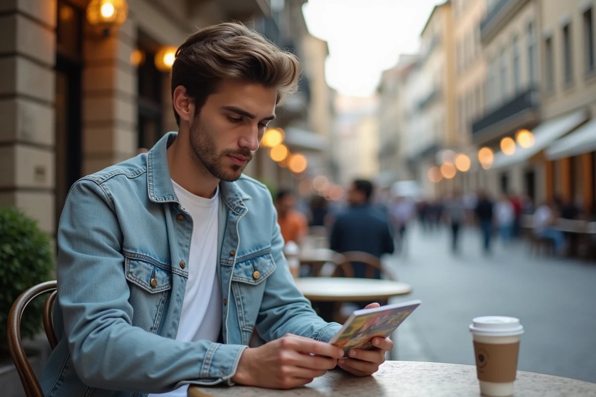 Jeune homme lisant une carte dans un café en ville