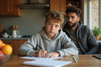 Adolescent concentré sur ses devoirs à la cuisine familiale