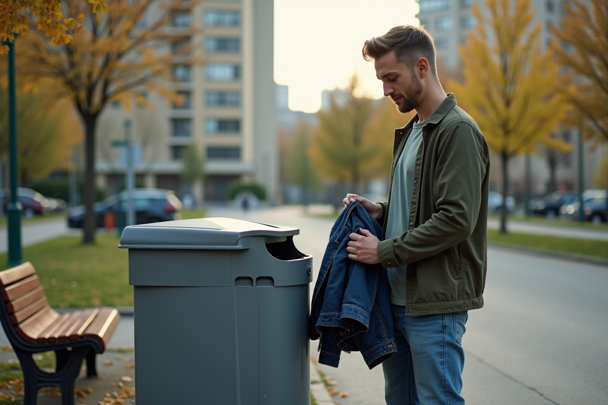 Jeune homme pliant une veste avant de la donner dans un conteneur urbain