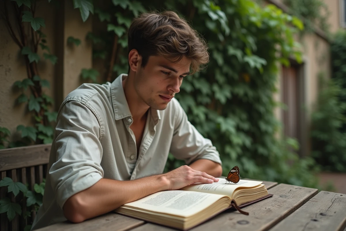 Jeune homme observant un papillon dans le jardin
