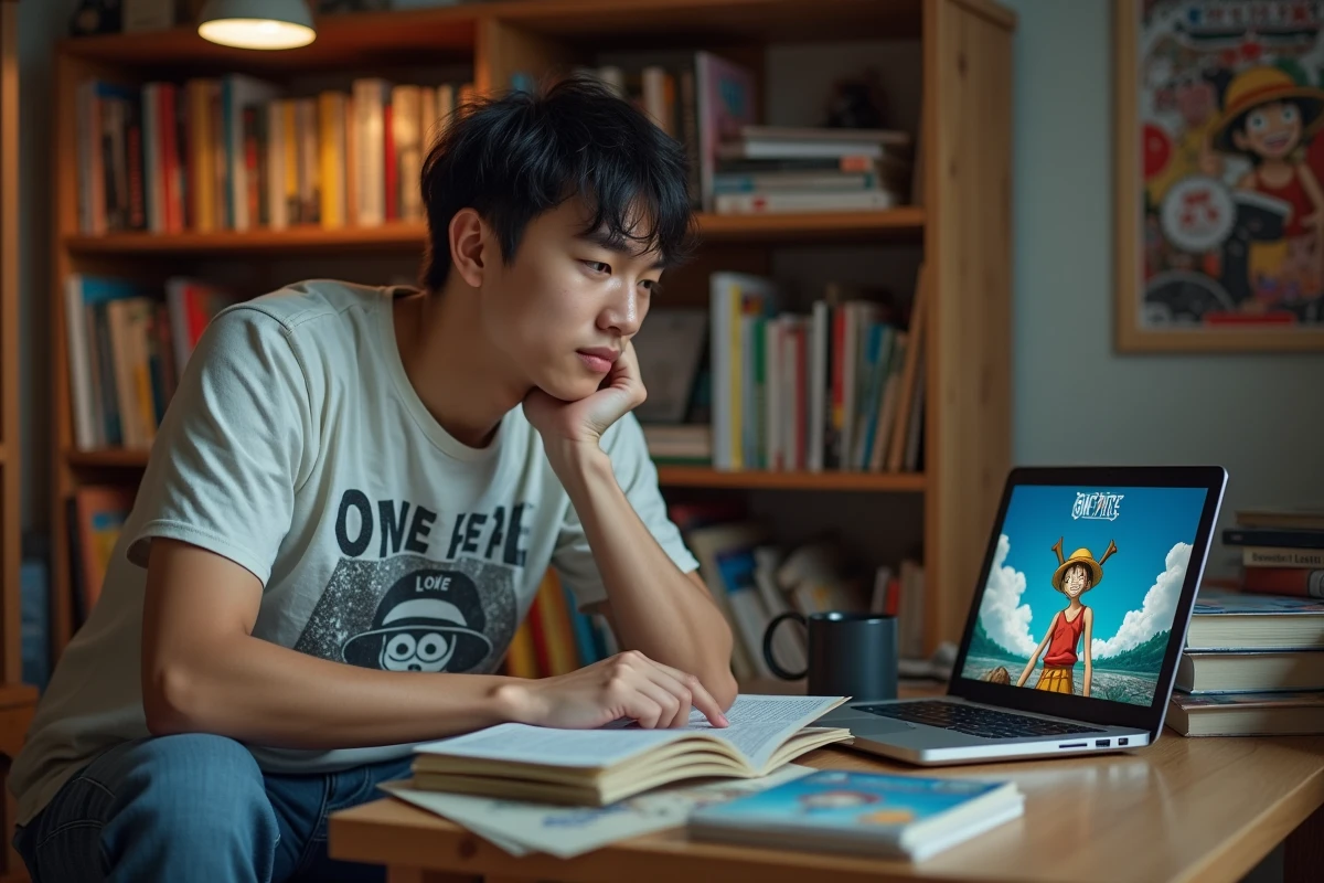 Jeune homme en casual avec manga et anime One Piece