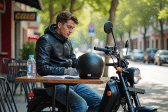Jeune homme en moto café portant veste et gants