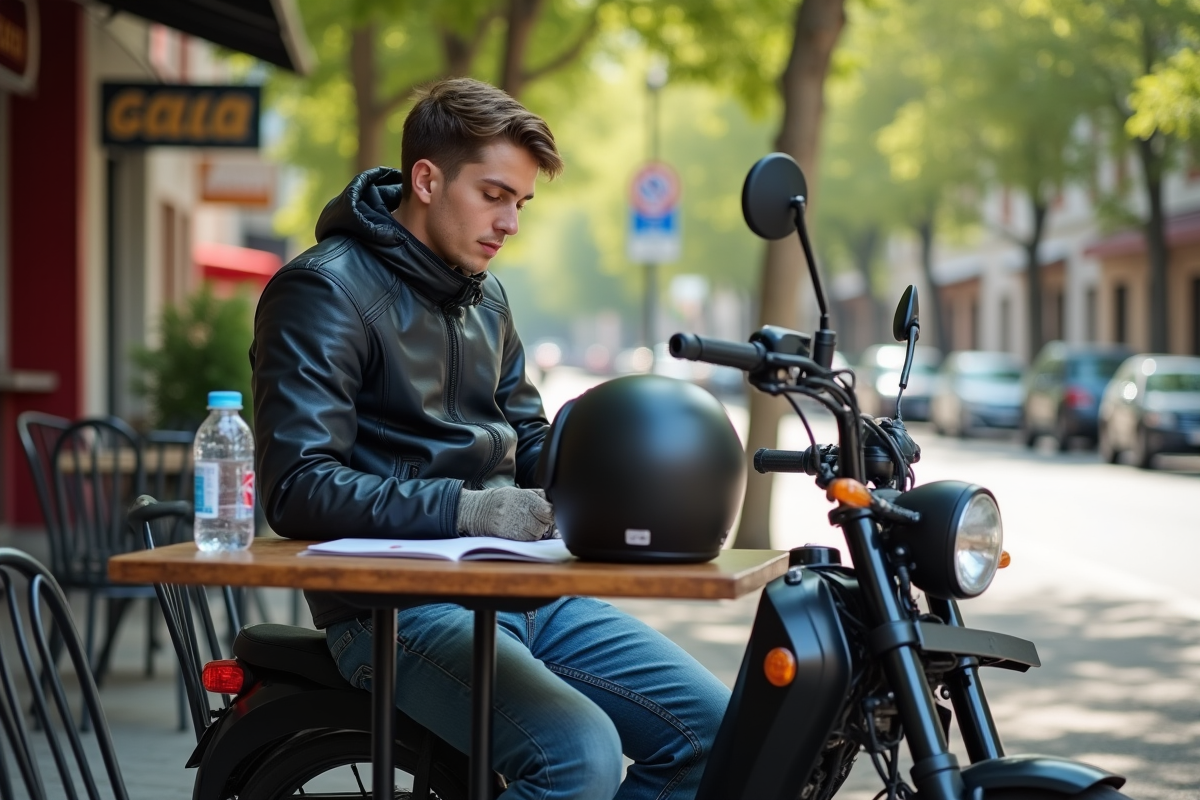Jeune homme en moto café portant veste et gants