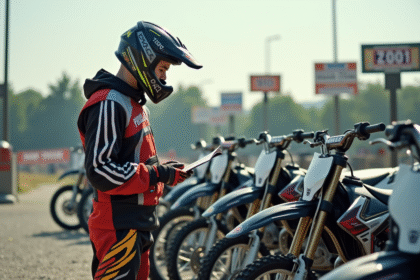 Jeune homme en gear motocross examine une moto en concession