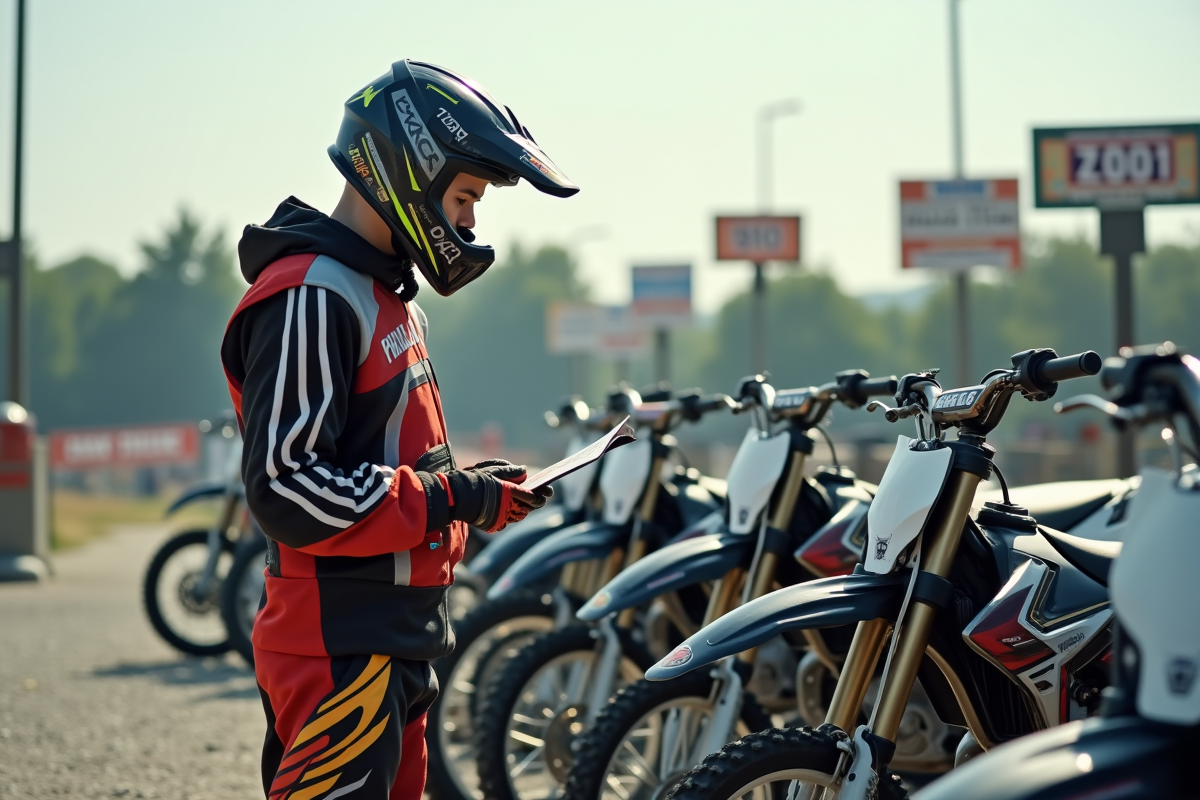 Jeune homme en gear motocross examine une moto en concession
