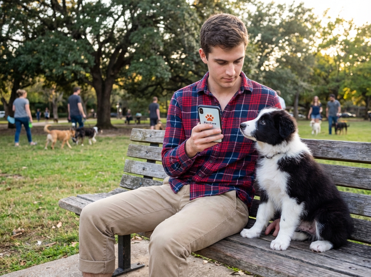 Jeune homme avec chien dans un parc en regardant une application