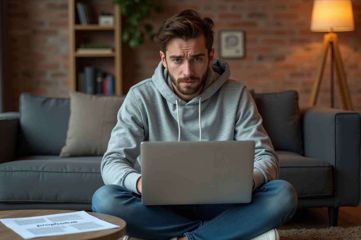 Jeune homme consultant des informations sur le droit d'auteur français sur son ordinateur portable