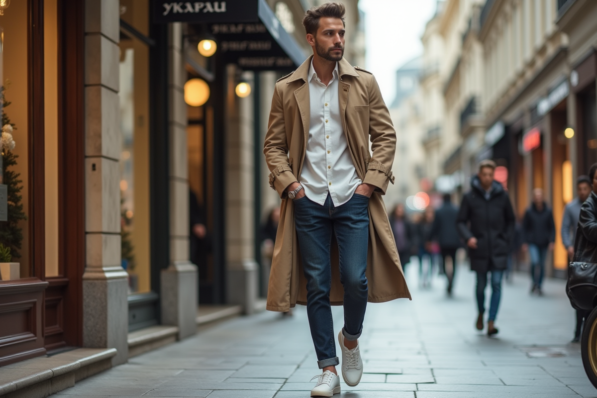 Jeune homme en trench marche dans une rue urbaine animée