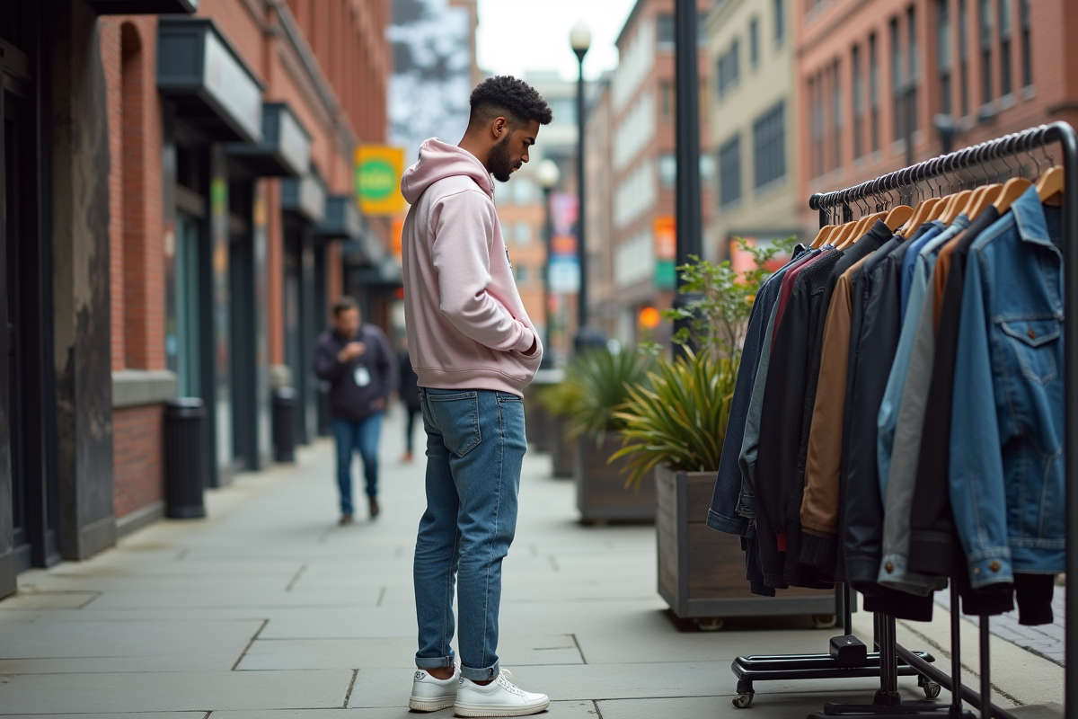 Jeune homme en hoodie regardant des vestes vintage en ville