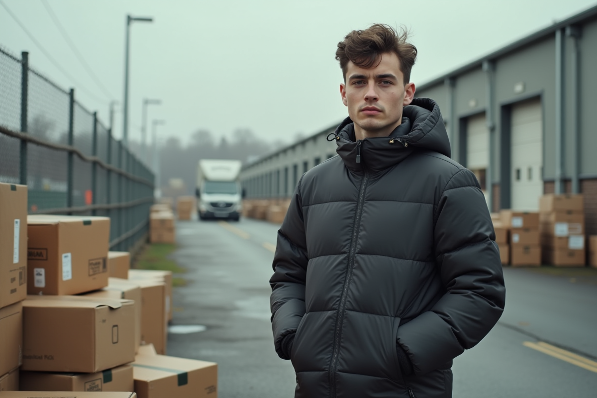 Jeune homme devant un entrepôt avec des colis non réclamés