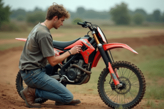 Jeune homme examine la chaîne de son dirt bike en extérieur