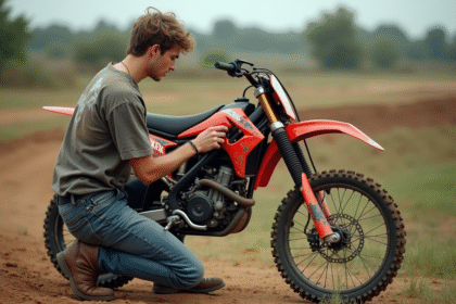Jeune homme examine la chaîne de son dirt bike en extérieur