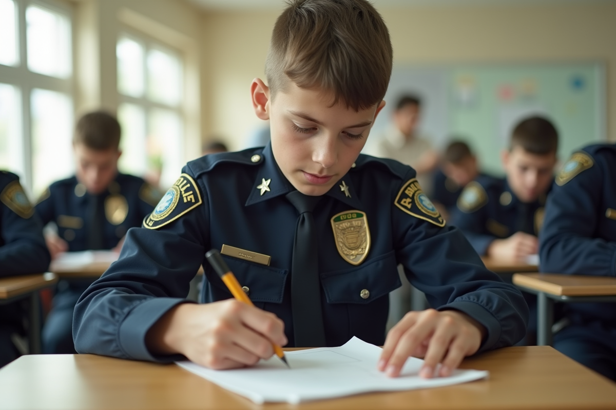 Jeune aspirant policier concentré lors d