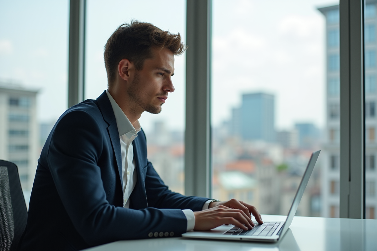 Jeune professionnel au bureau avec vue sur Nantes