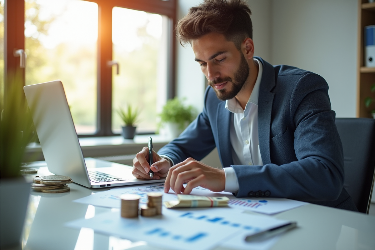 Jeune professionnel analysant des graphiques financiers dans un bureau lumineux