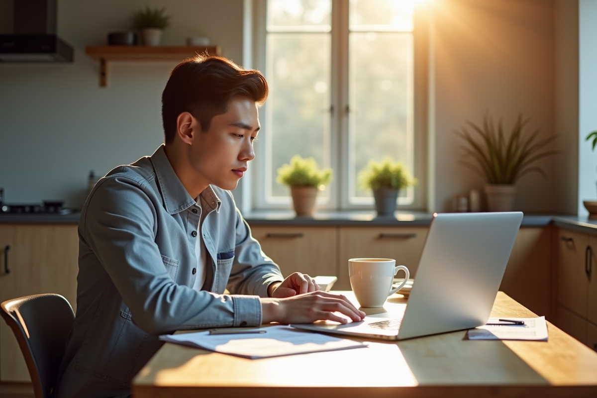 Jeune professionnel étudiant ses documents financiers à la maison