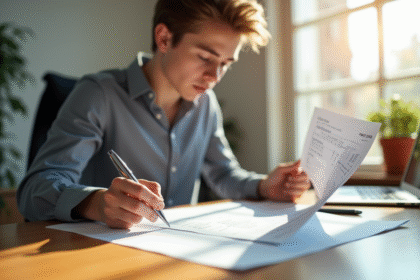 Jeune professionnel examinant une fiche de paie au bureau