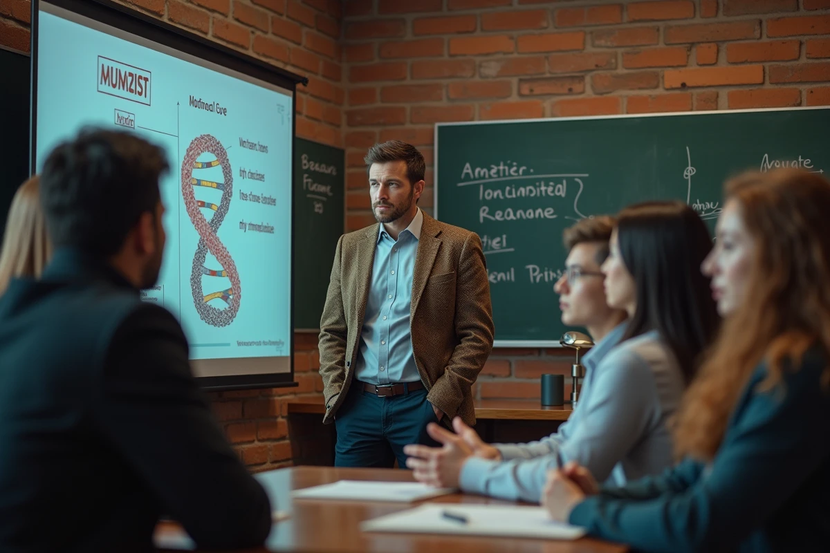 Jeunes chercheurs discutant autour d un professeur en classe
