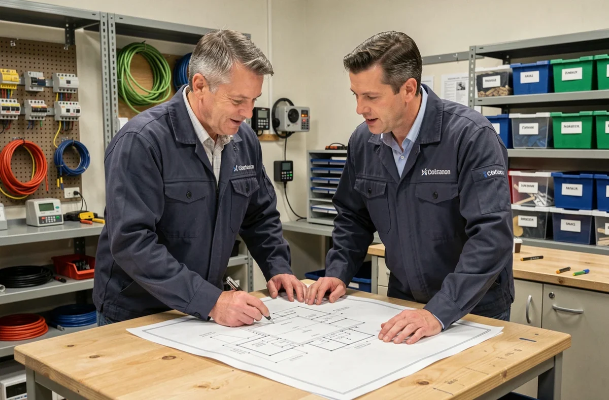 Deux électriciens de JLD Électricité consultant des plans techniques dans l'atelier de leur entreprise