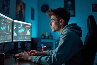 Joueur de League of Legends fixant ses statistiques de temps de jeu sur un double écran de PC gaming