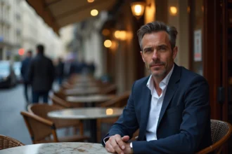 Journaliste discret assis en terrasse de café parisien, préservant son intimité de couple loin des regards