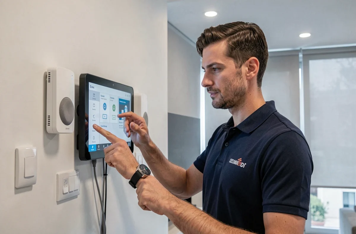 Technicien de Krydor programmant un panneau domotique mural dans une maison connectée moderne à Angers
