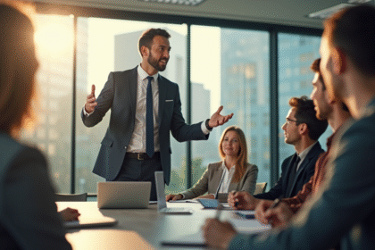 Chef d'entreprise confiant donnant une présentation dynamique