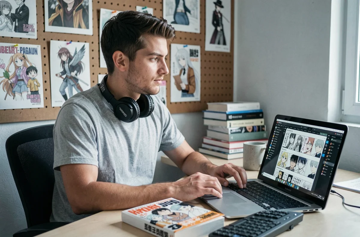 Jeune homme lisant un scan de Just Friends sur ordinateur dans un bureau à domicile, représentant la lecture numérique de manga francophone
