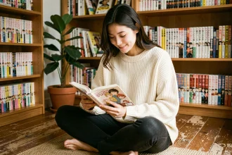 Jeune femme lisant un manga Just Friends dans un appartement cosy, illustrant la popularité des scans francophones