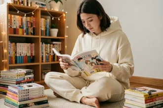 Jeune femme lisant un manga en version française entourée de volumes de manga et manhwa empilés dans une chambre cozy