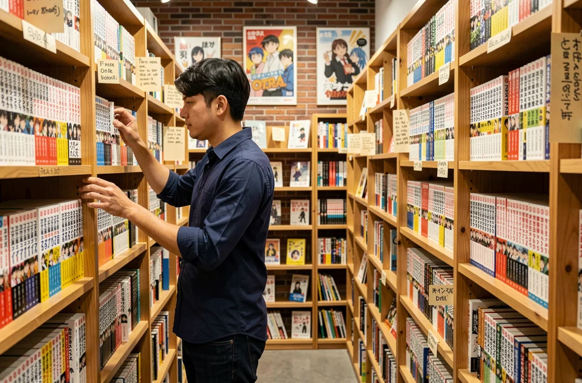 Jeune homme parcourant une collection de mangas et manhwas en VF dans une librairie indépendante spécialisée