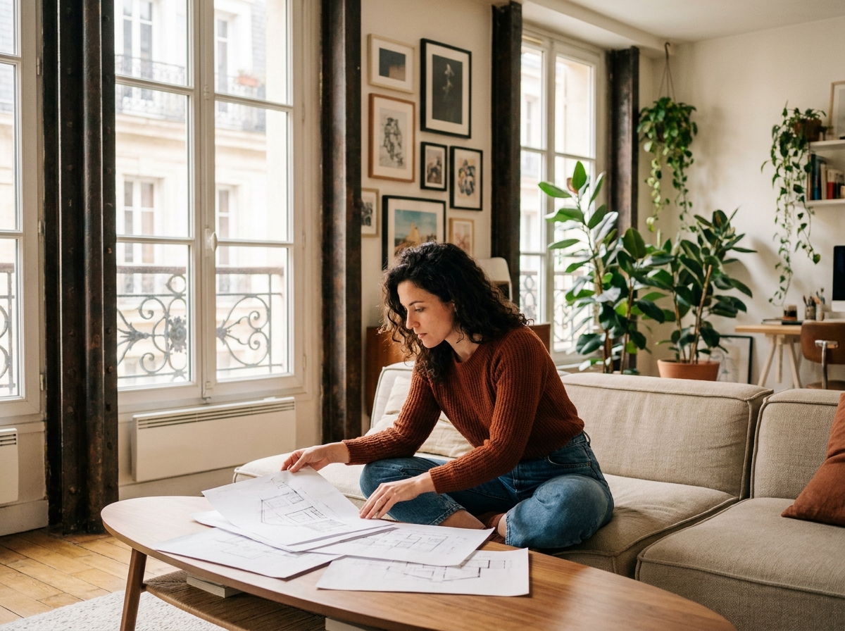 Femme travaillant dans un loft contemporain au Haut Marais alliant espace de vie et studio créatif