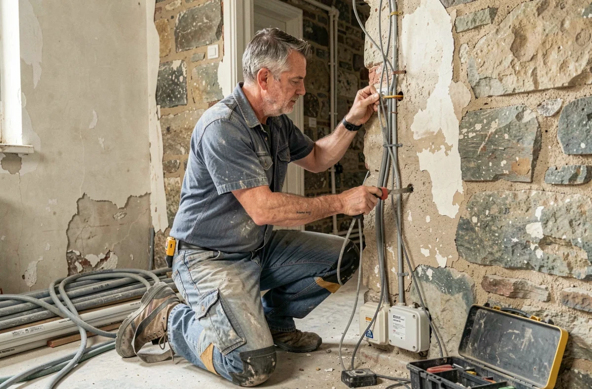 Électricien de LP Bat retirant d'anciens câbles lors d'une rénovation électrique dans un appartement ancien