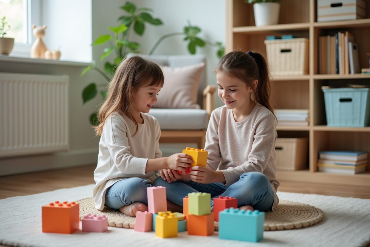 Mère et fille construisent avec des blocs en mousse