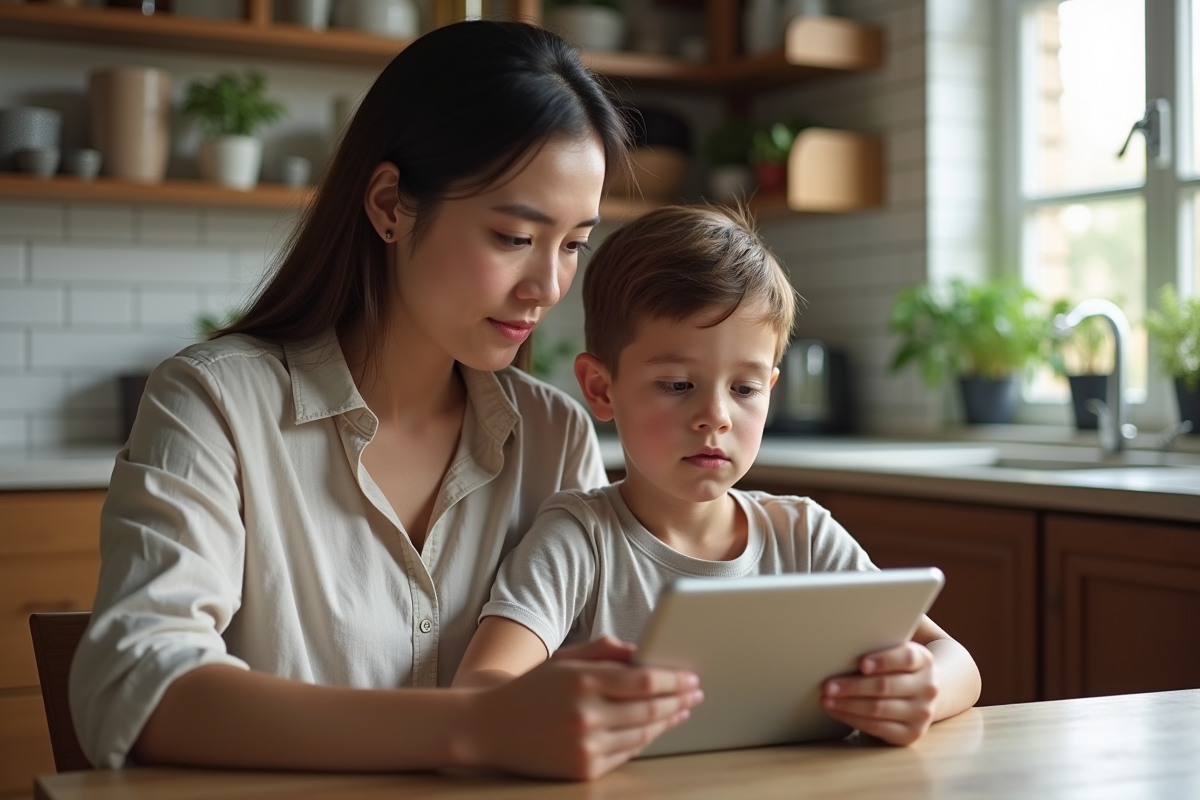 Mère et fils discutant sur un tablet à la cuisine