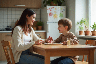Maman et son enfant discutent dans la cuisine lumineuse