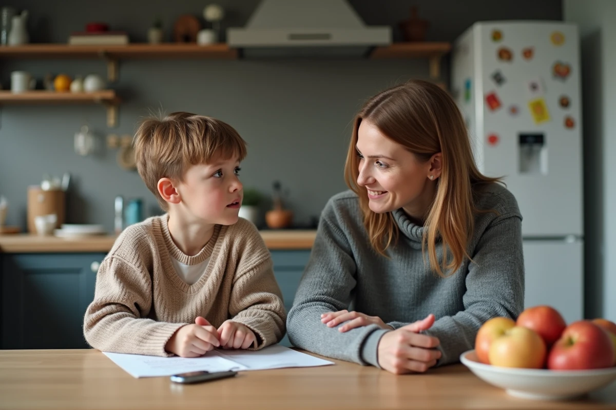 Femme et enfant discutent calmement à la cuisine