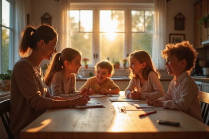 Maman et enfants faisant leurs devoirs à la maison