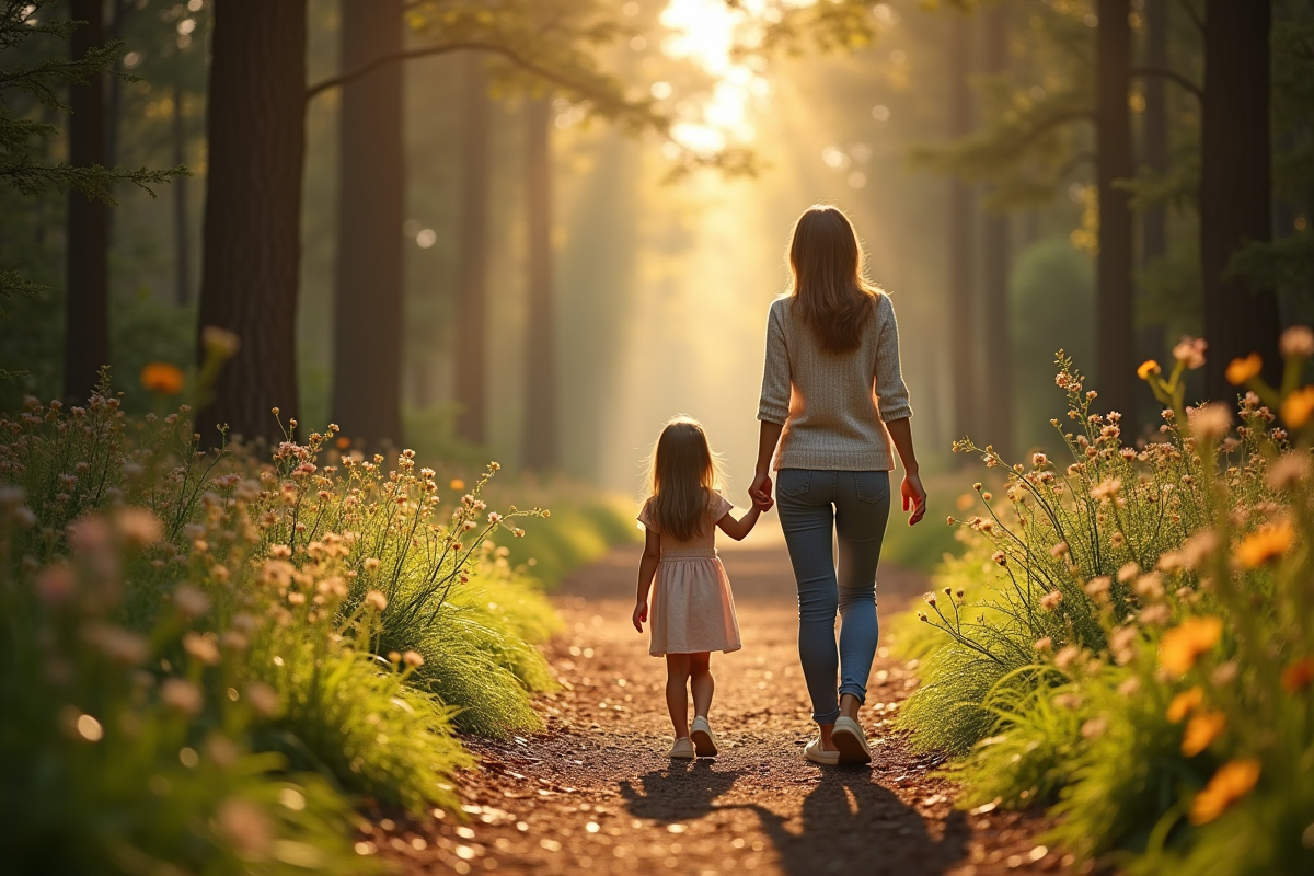 Maman et fille marchant en forêt en guidant