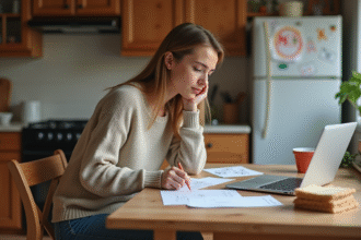 Jeune maman dans la cuisine lisant des papiers