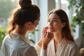 Maquilleuse professionnelle appliquant un maquillage subtil à une cliente dans un studio lumineux