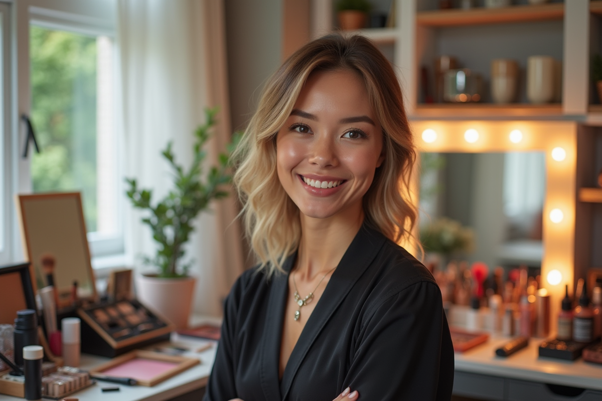 Femme maquilleuse souriante devant une coiffeuse bien organisée avec produits de maquillage