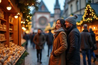 Couple visitant le marché de Noël de Strasbourg en Alsace, stands en bois décorés et cathédrale en arrière-plan