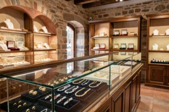 Intérieur d'une bijouterie artisanale dans l'Hérault avec des vitrines exposant des bijoux en or et argent