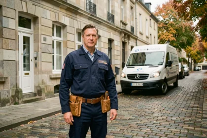 Électricien professionnel devant une rue typique d'Angers avec son véhicule de service