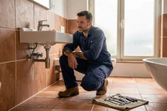 Plombier professionnel travaillant sous un lavabo dans un appartement des Alpes-Maritimes, illustrant le classement des meilleurs plombiers de la région