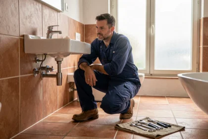 Plombier professionnel travaillant sous un lavabo dans un appartement des Alpes-Maritimes, illustrant le classement des meilleurs plombiers de la région