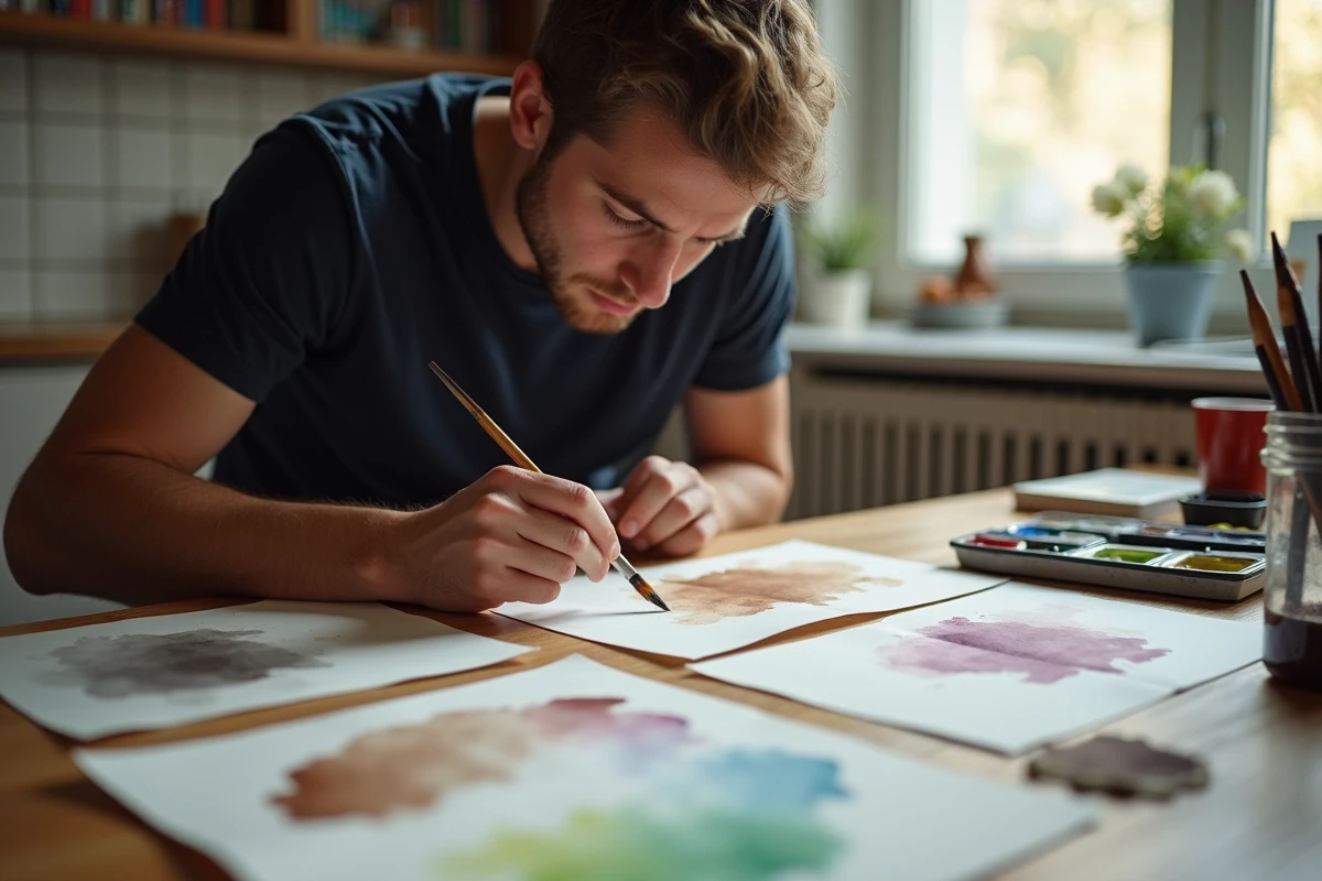 Jeune homme testant des mélanges de couleurs ratés pour faire du marron sur des feuilles d'aquarelle