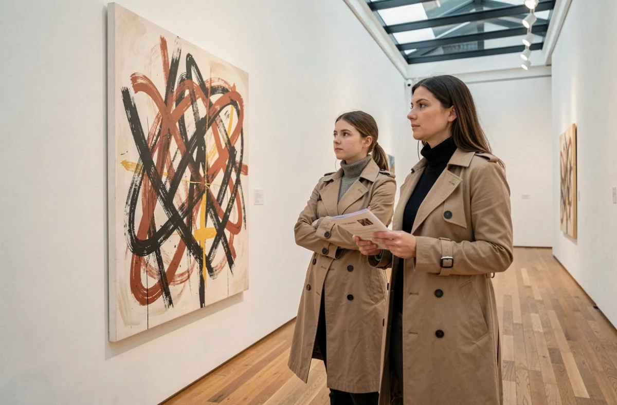 Mère et fille admirant une œuvre d'art contemporain dans une galerie d'exposition à Lyon
