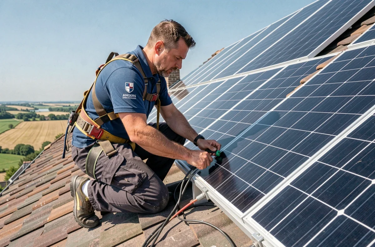 Technicien de MJ Solaire connectant des panneaux photovoltaïques sur une toiture résidentielle près d'Angers
